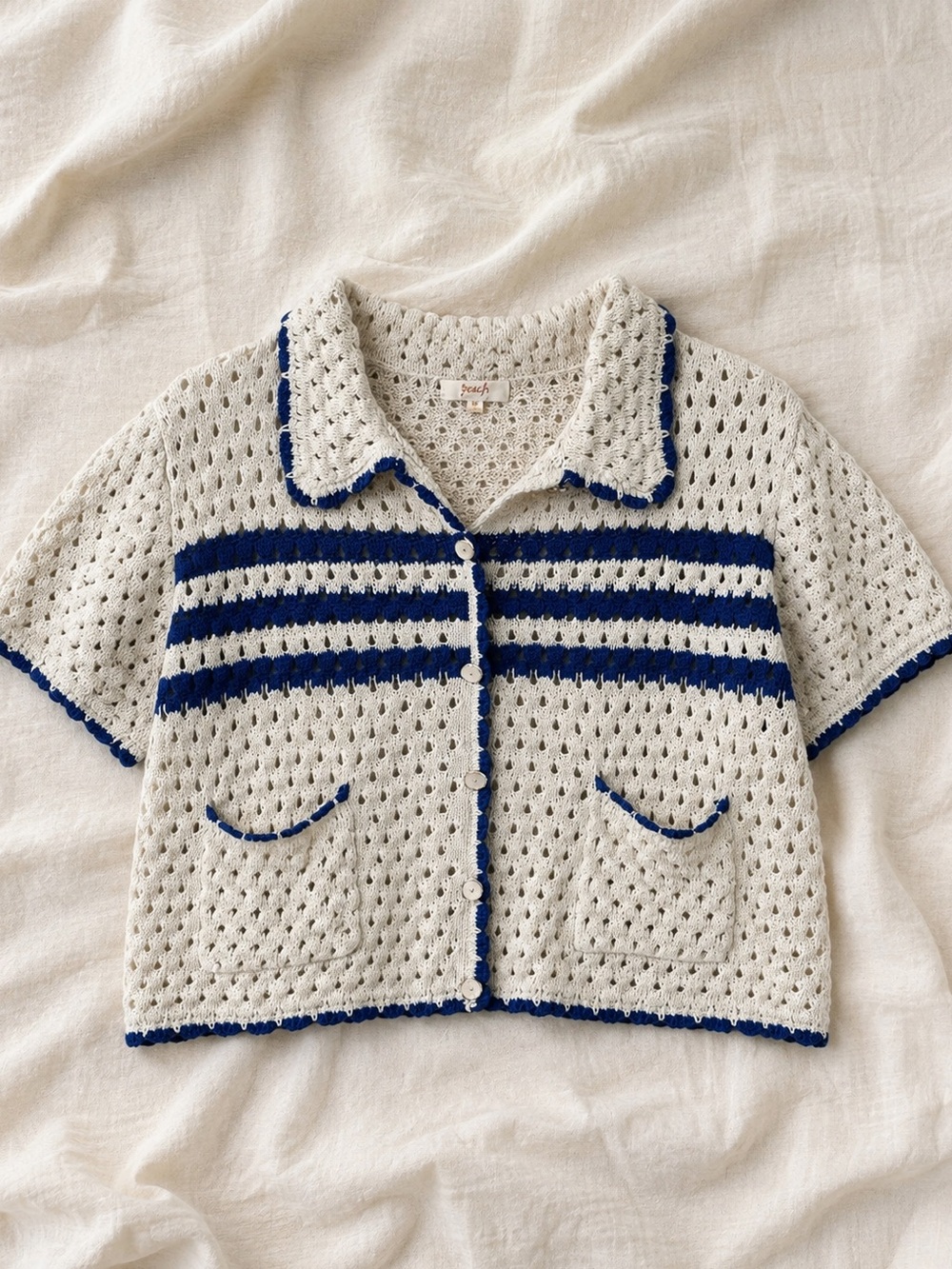 Peach Love California Cream Crochet Short-Sleeve Cardigan with Blue Trim